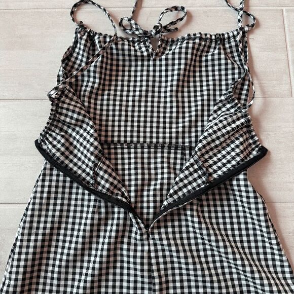 Gingham Mini Dress Black White Checkered Sleeveless Spaghetti Strap Back Zipper - Picture 4 of 6